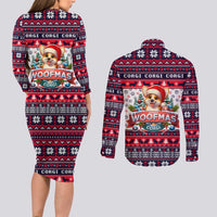 Corgi Merry Woofmas Couples Matching Long Sleeve Bodycon Dress and Long Sleeve Button Shirt Christmas Dog Art Style - Wonder Print Shop
