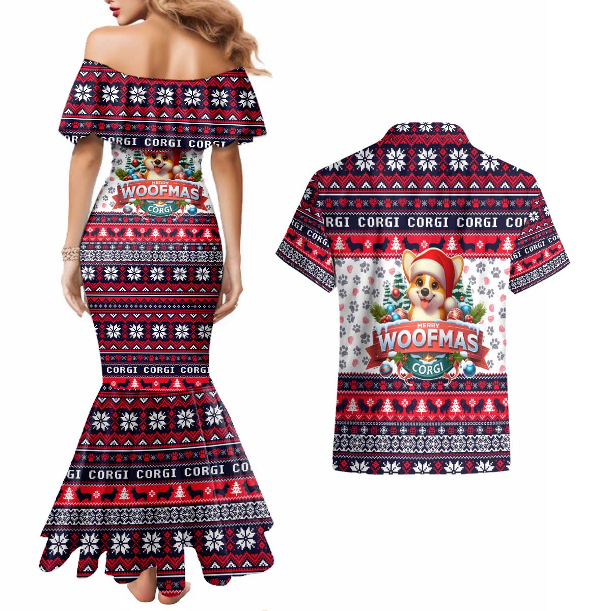 Corgi Merry Woofmas Couples Matching Mermaid Dress and Hawaiian Shirt Christmas Dog Art Style - Wonder Print Shop