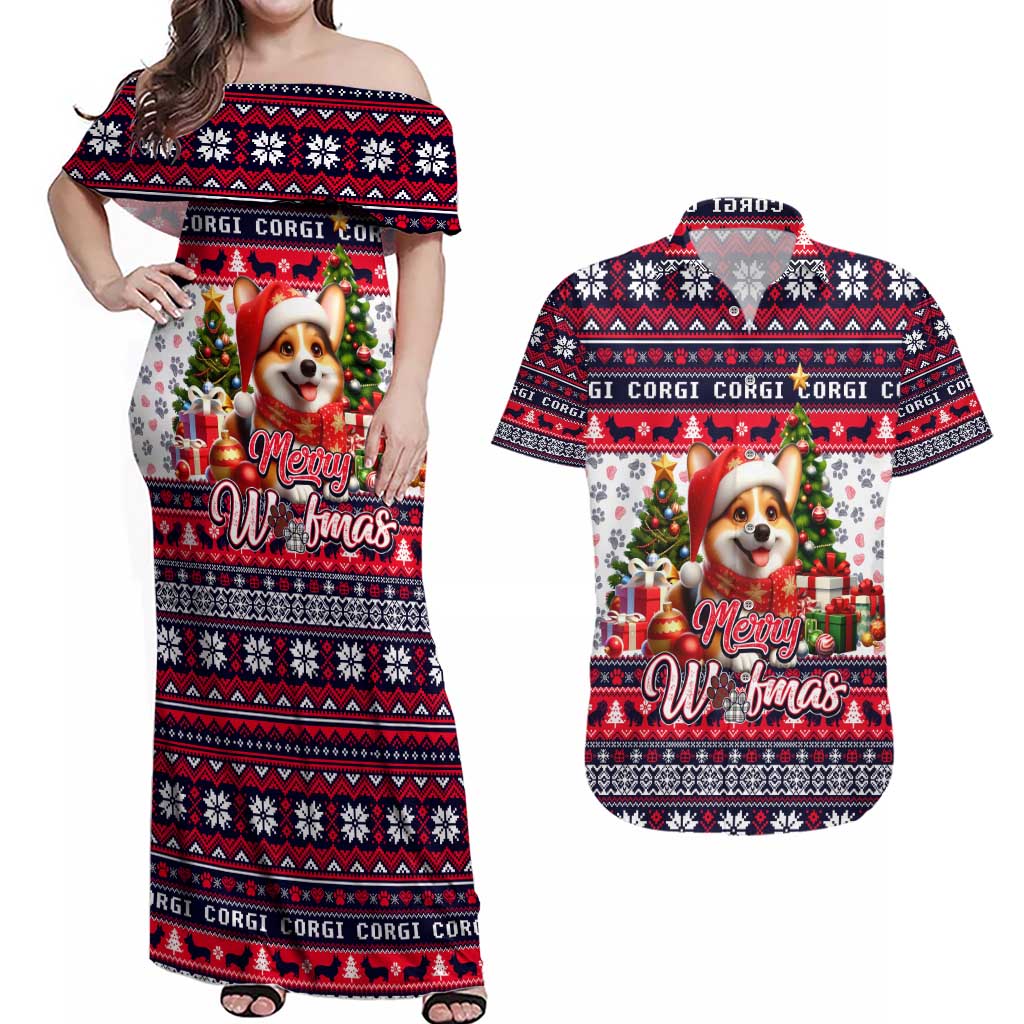 Corgi Merry Woofmas Couples Matching Off Shoulder Maxi Dress and Hawaiian Shirt Christmas Dog Art Style - Wonder Print Shop