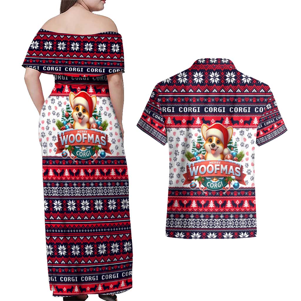 Corgi Merry Woofmas Couples Matching Off Shoulder Maxi Dress and Hawaiian Shirt Christmas Dog Art Style - Wonder Print Shop
