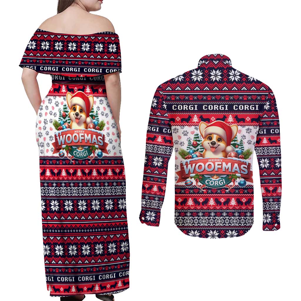 Corgi Merry Woofmas Couples Matching Off Shoulder Maxi Dress and Long Sleeve Button Shirt Christmas Dog Art Style - Wonder Print Shop