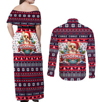 Corgi Merry Woofmas Couples Matching Off Shoulder Maxi Dress and Long Sleeve Button Shirt Christmas Dog Art Style - Wonder Print Shop