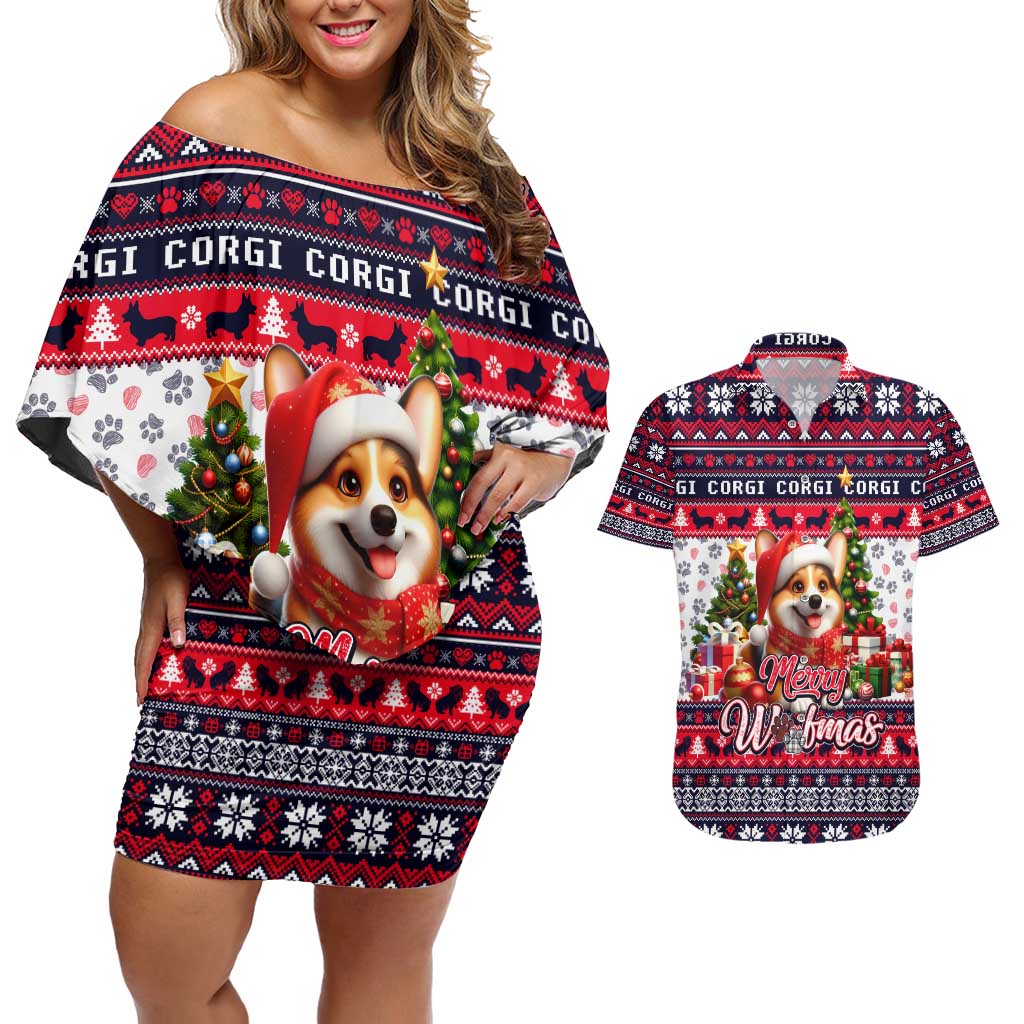 Corgi Merry Woofmas Couples Matching Off Shoulder Short Dress and Hawaiian Shirt Christmas Dog Art Style - Wonder Print Shop