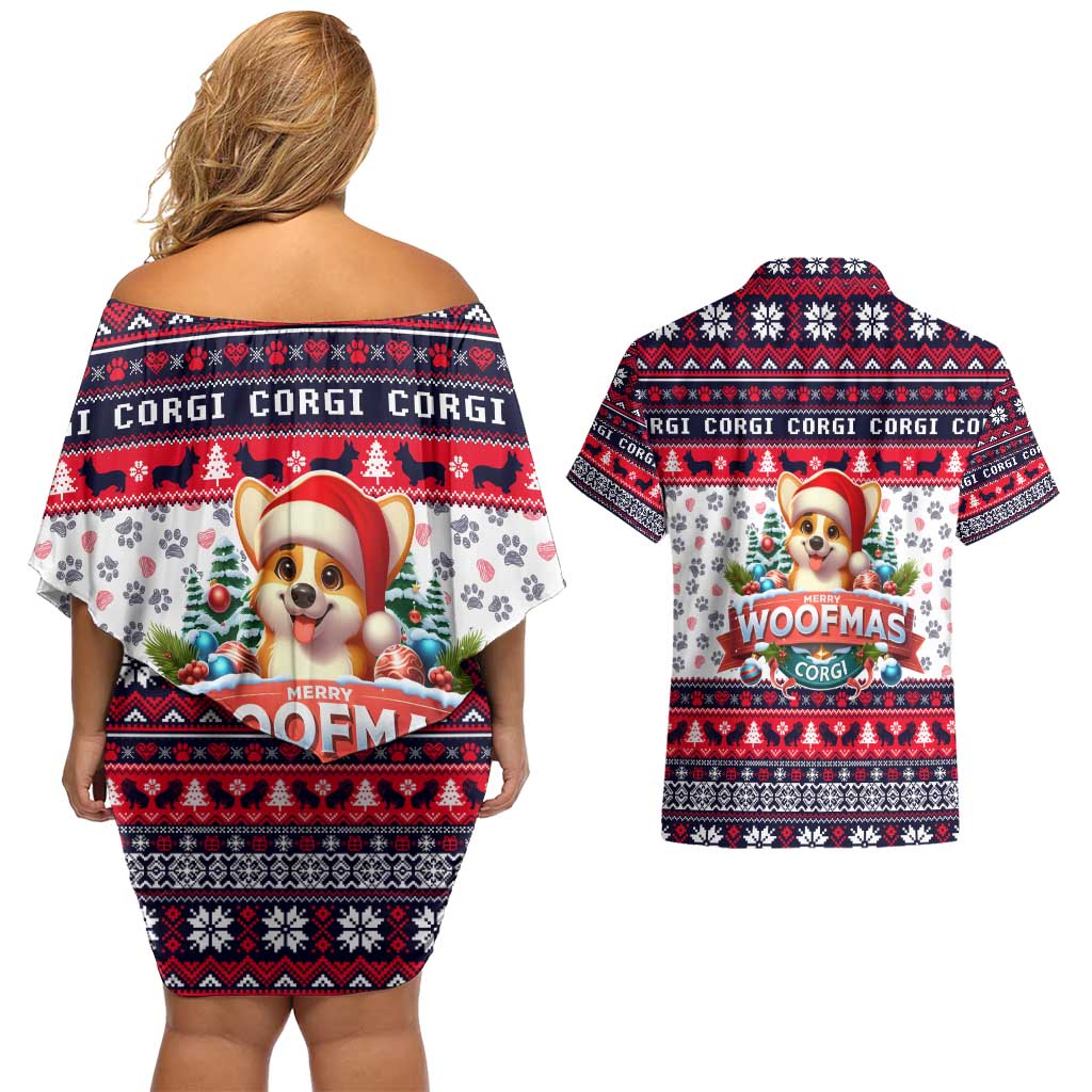 Corgi Merry Woofmas Couples Matching Off Shoulder Short Dress and Hawaiian Shirt Christmas Dog Art Style - Wonder Print Shop