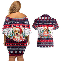 Corgi Merry Woofmas Couples Matching Off Shoulder Short Dress and Hawaiian Shirt Christmas Dog Art Style - Wonder Print Shop