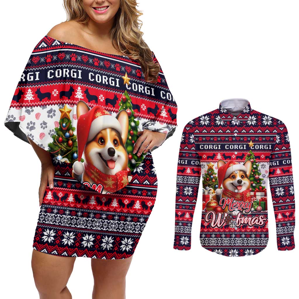 Corgi Merry Woofmas Couples Matching Off Shoulder Short Dress and Long Sleeve Button Shirt Christmas Dog Art Style - Wonder Print Shop