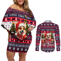 Corgi Merry Woofmas Couples Matching Off Shoulder Short Dress and Long Sleeve Button Shirt Christmas Dog Art Style - Wonder Print Shop