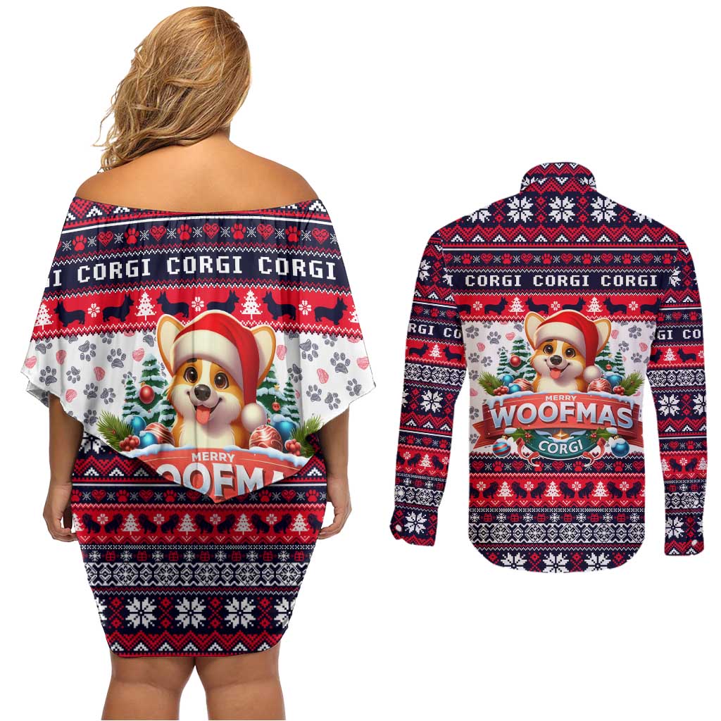 Corgi Merry Woofmas Couples Matching Off Shoulder Short Dress and Long Sleeve Button Shirt Christmas Dog Art Style - Wonder Print Shop