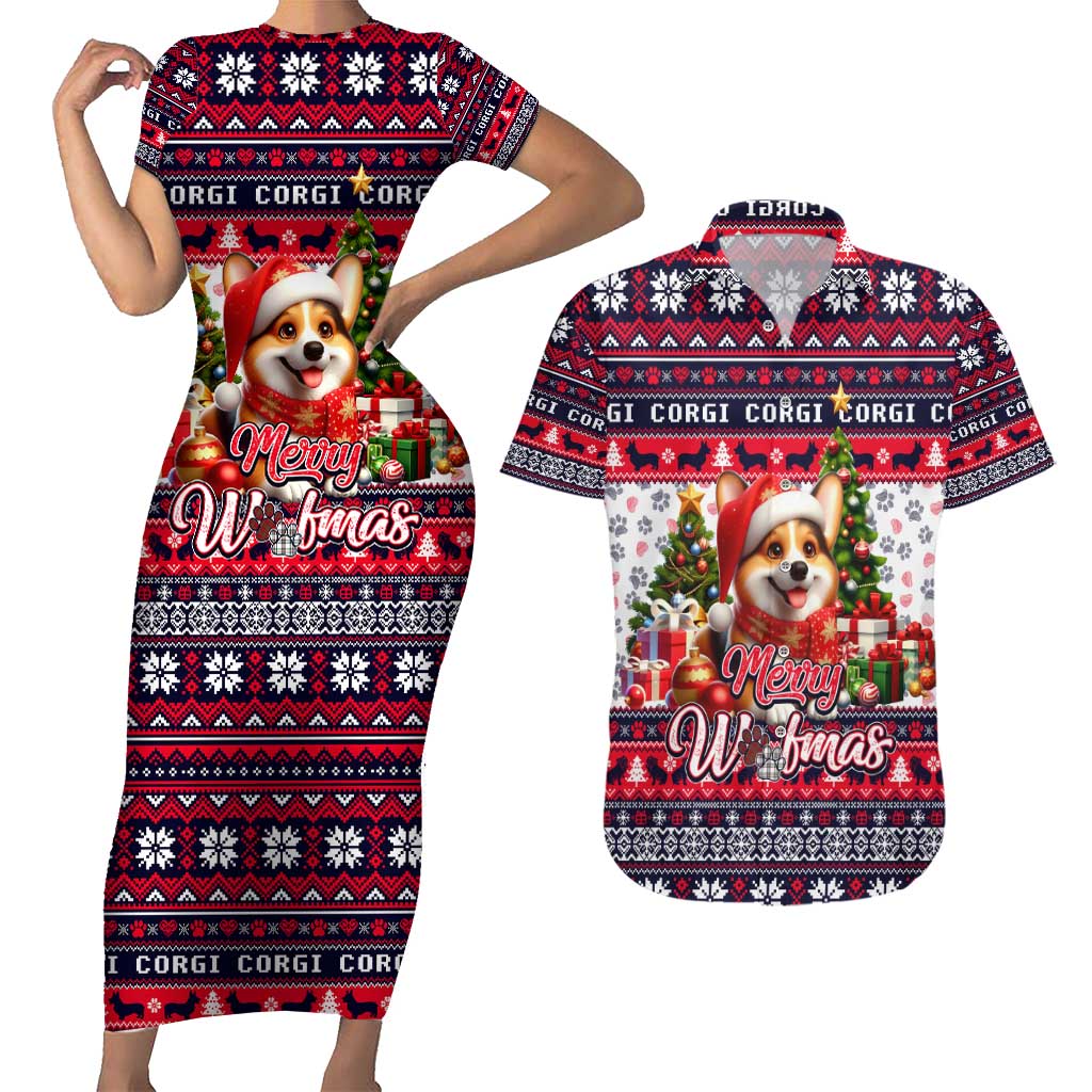 Corgi Merry Woofmas Couples Matching Short Sleeve Bodycon Dress and Hawaiian Shirt Christmas Dog Art Style - Wonder Print Shop