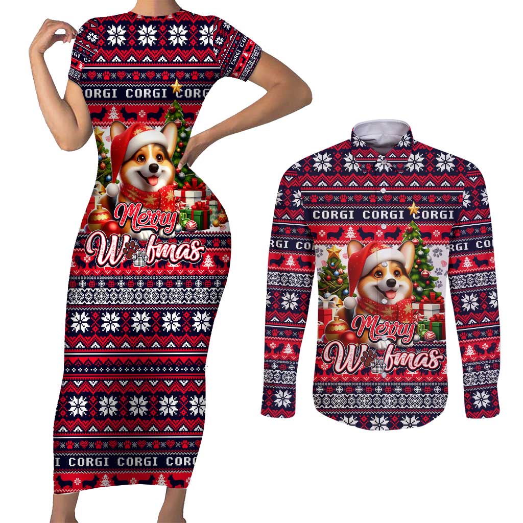Corgi Merry Woofmas Couples Matching Short Sleeve Bodycon Dress and Long Sleeve Button Shirt Christmas Dog Art Style - Wonder Print Shop