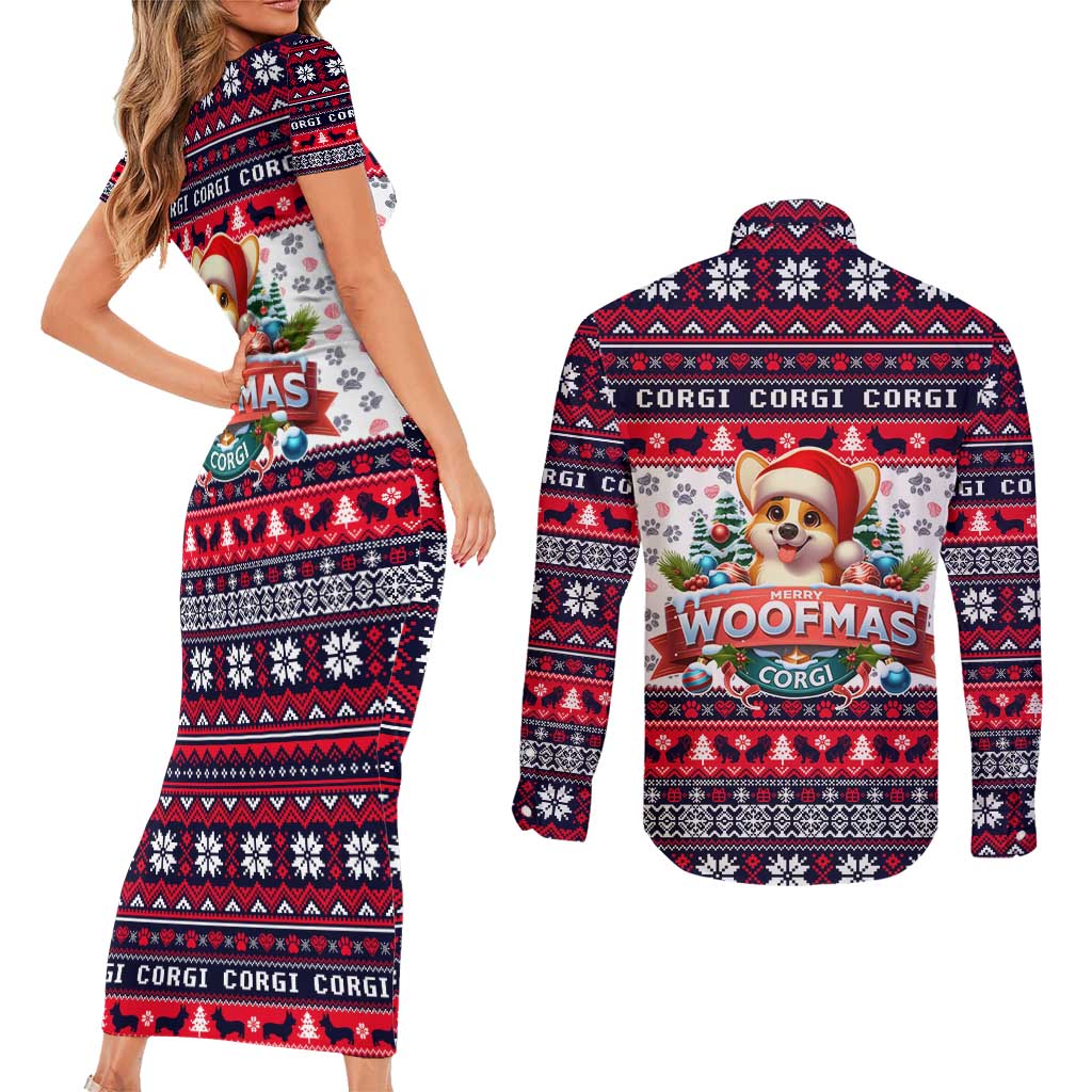 Corgi Merry Woofmas Couples Matching Short Sleeve Bodycon Dress and Long Sleeve Button Shirt Christmas Dog Art Style - Wonder Print Shop