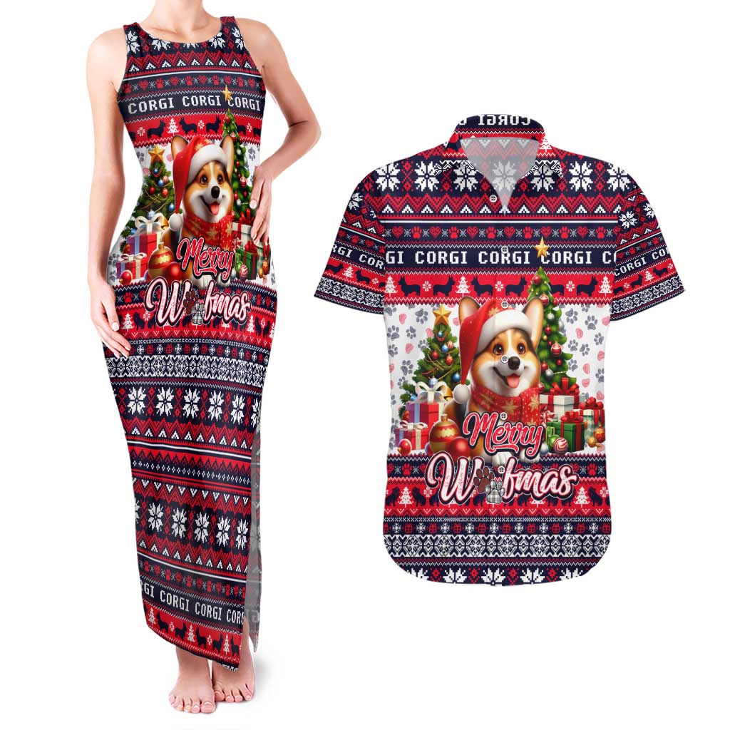 Corgi Merry Woofmas Couples Matching Tank Maxi Dress and Hawaiian Shirt Christmas Dog Art Style - Wonder Print Shop