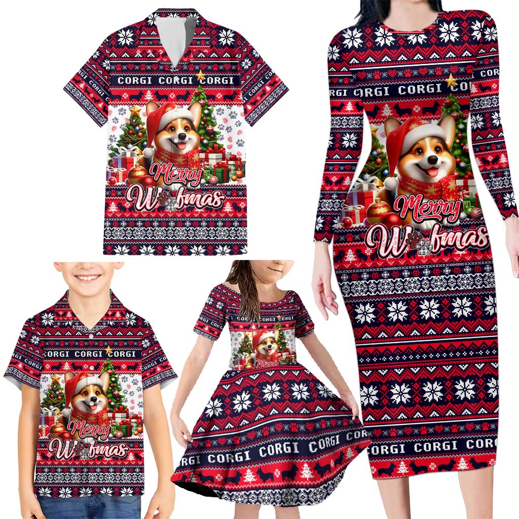 Corgi Merry Woofmas Family Matching Long Sleeve Bodycon Dress and Hawaiian Shirt Christmas Dog Art Style - Wonder Print Shop