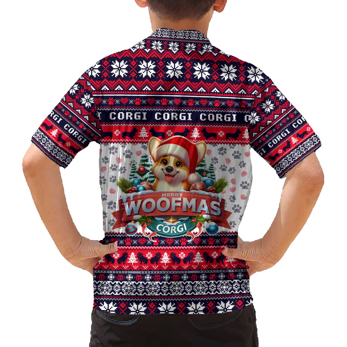 Corgi Merry Woofmas Family Matching Off The Shoulder Long Sleeve Dress and Hawaiian Shirt Christmas Dog Art Style - Wonder Print Shop