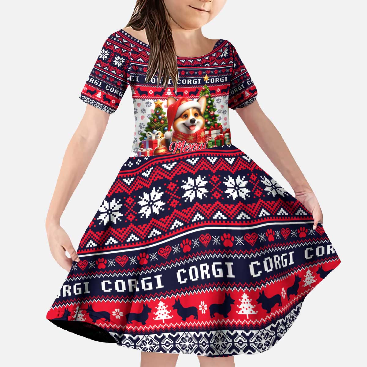 Corgi Merry Woofmas Family Matching Off The Shoulder Long Sleeve Dress and Hawaiian Shirt Christmas Dog Art Style - Wonder Print Shop
