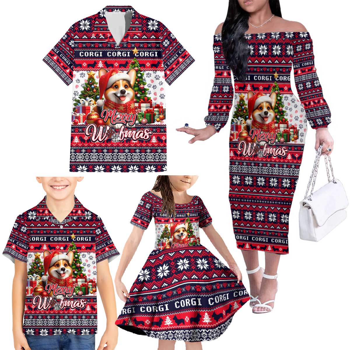 Corgi Merry Woofmas Family Matching Off The Shoulder Long Sleeve Dress and Hawaiian Shirt Christmas Dog Art Style - Wonder Print Shop