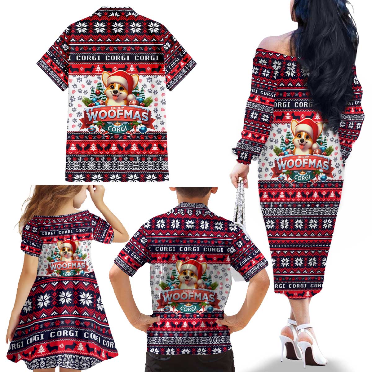 Corgi Merry Woofmas Family Matching Off The Shoulder Long Sleeve Dress and Hawaiian Shirt Christmas Dog Art Style - Wonder Print Shop