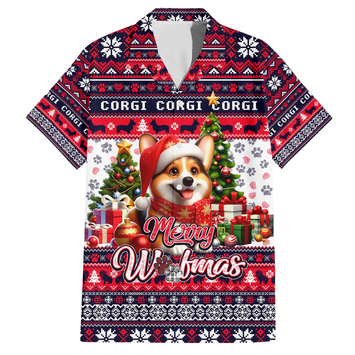 Corgi Merry Woofmas Family Matching Off The Shoulder Long Sleeve Dress and Hawaiian Shirt Christmas Dog Art Style - Wonder Print Shop