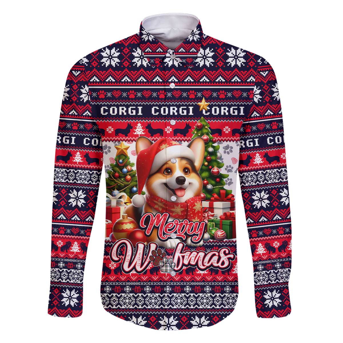 Corgi Merry Woofmas Family Matching Off The Shoulder Long Sleeve Dress and Hawaiian Shirt Christmas Dog Art Style - Wonder Print Shop