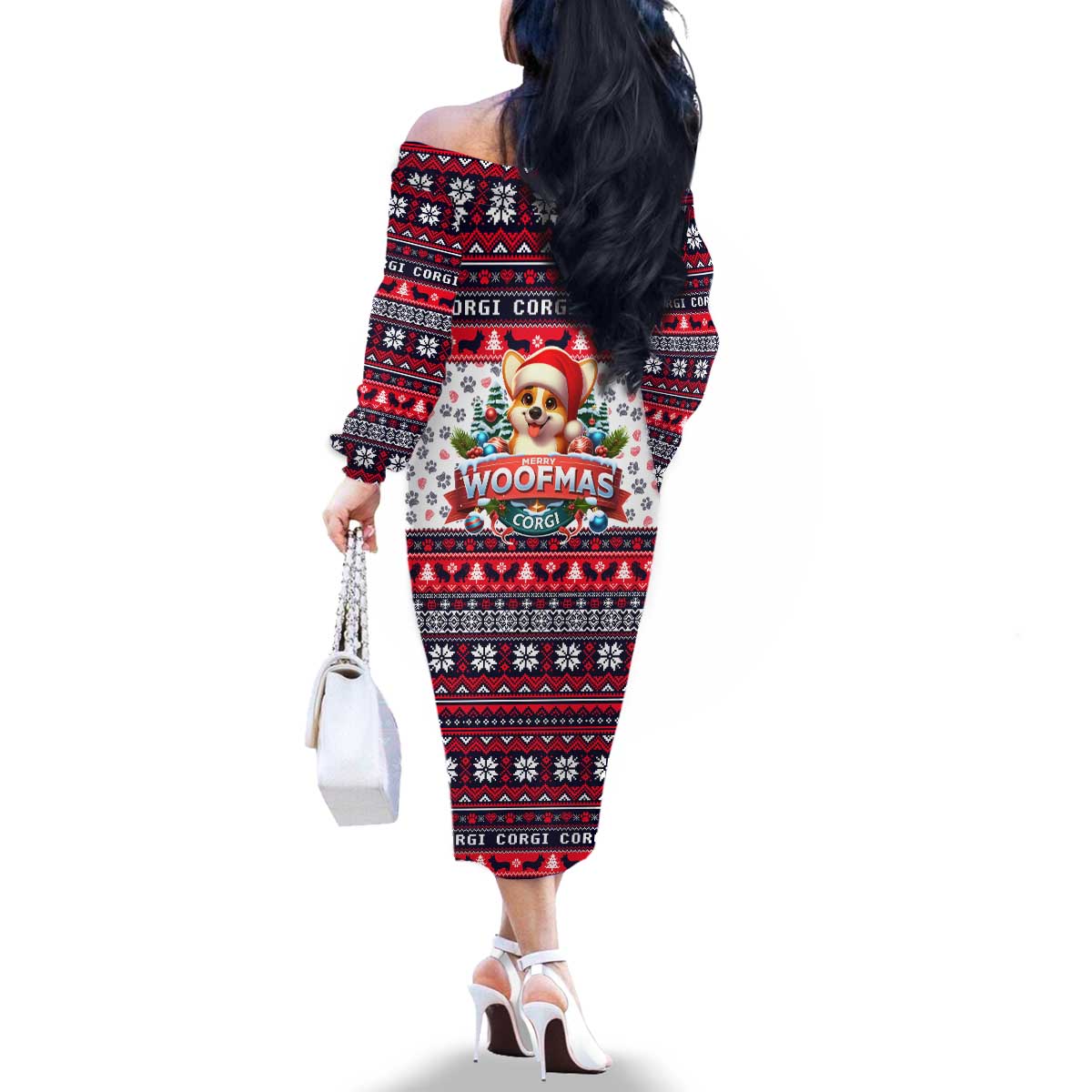 Corgi Merry Woofmas Family Matching Off The Shoulder Long Sleeve Dress and Hawaiian Shirt Christmas Dog Art Style - Wonder Print Shop