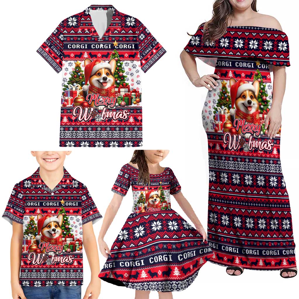 Corgi Merry Woofmas Family Matching Off Shoulder Maxi Dress and Hawaiian Shirt Christmas Dog Art Style - Wonder Print Shop