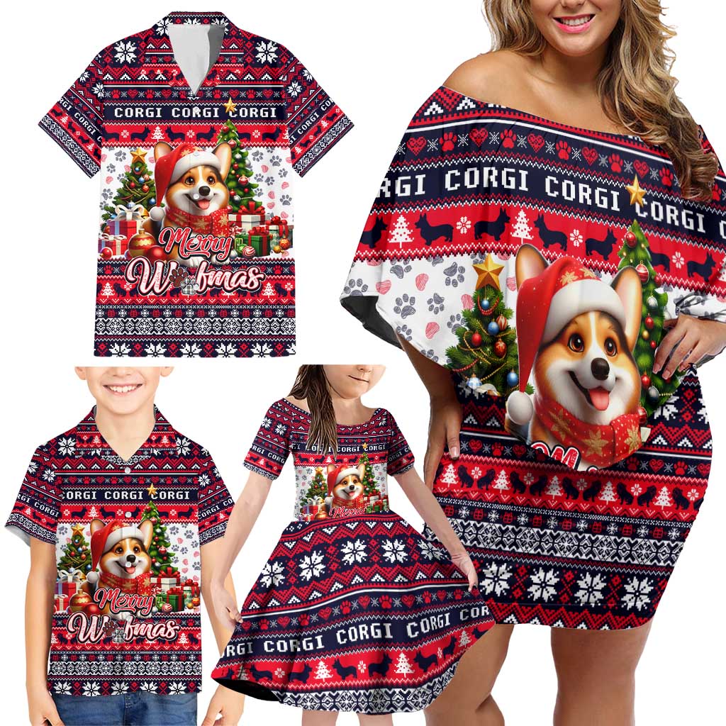 Corgi Merry Woofmas Family Matching Off Shoulder Short Dress and Hawaiian Shirt Christmas Dog Art Style - Wonder Print Shop
