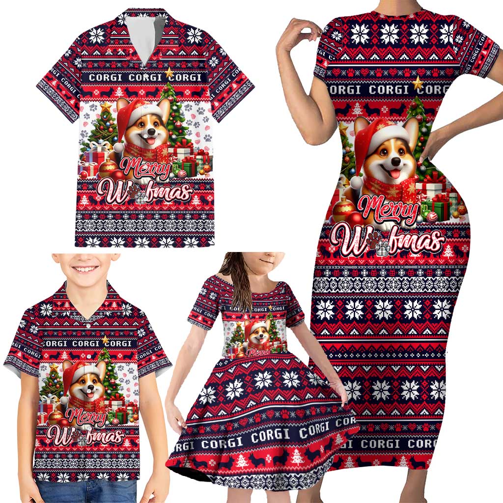 Corgi Merry Woofmas Family Matching Short Sleeve Bodycon Dress and Hawaiian Shirt Christmas Dog Art Style - Wonder Print Shop