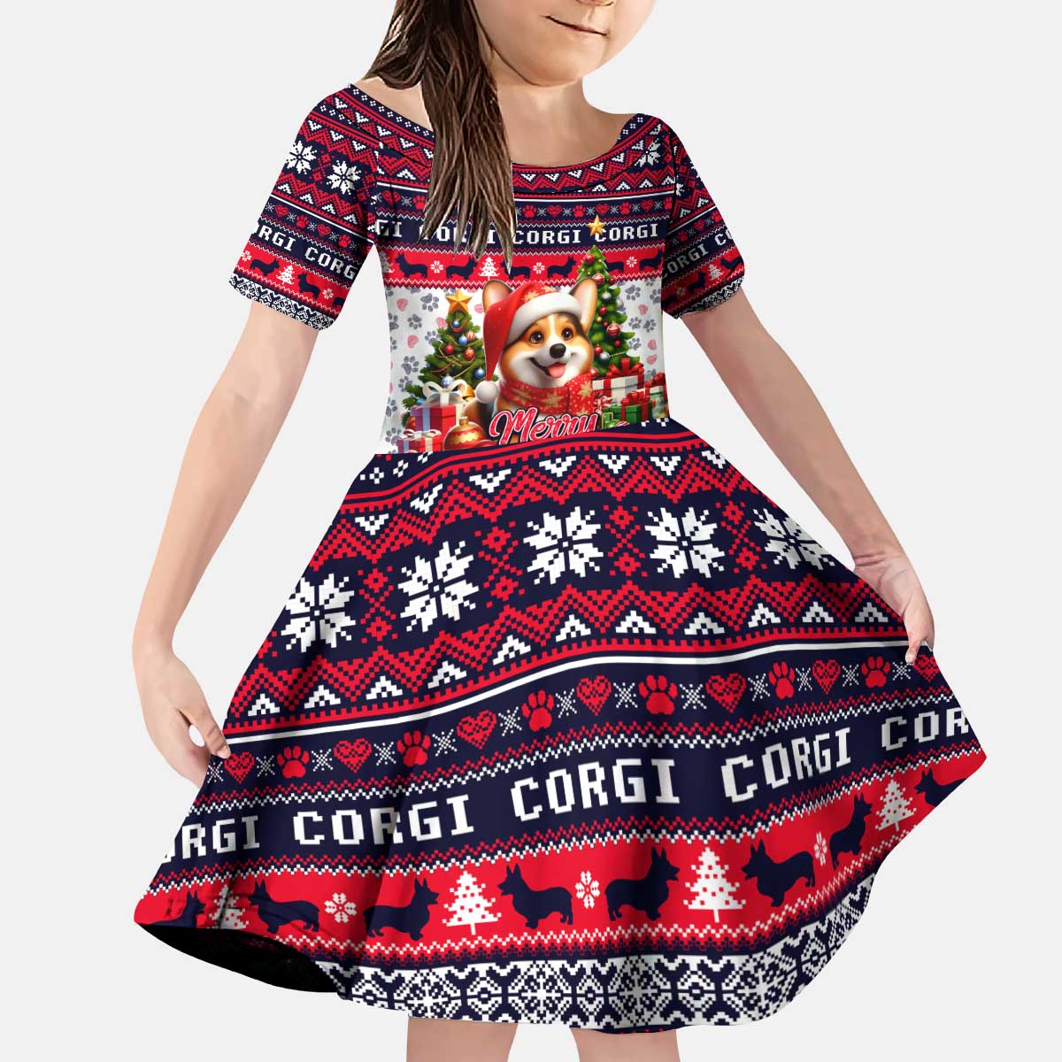 Corgi Merry Woofmas Kid Short Sleeve Dress Christmas Dog Art Style - Wonder Print Shop