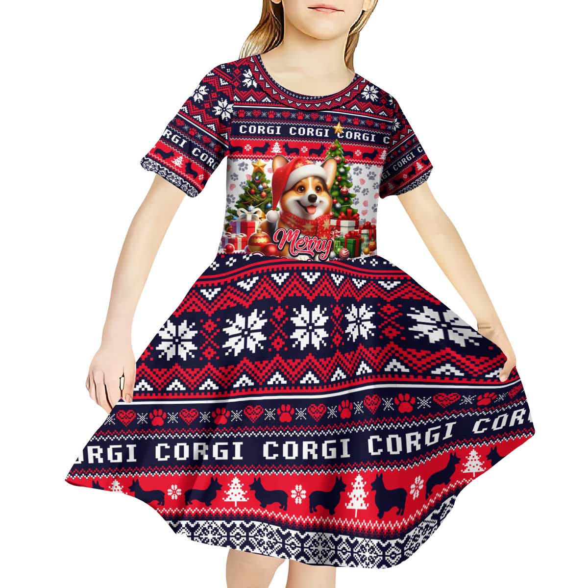 Corgi Merry Woofmas Kid Short Sleeve Dress Christmas Dog Art Style - Wonder Print Shop