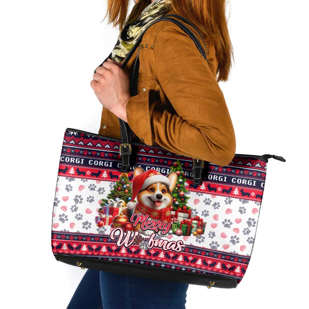 Corgi Merry Woofmas Leather Tote Bag Christmas Dog Art Style - Wonder Print Shop