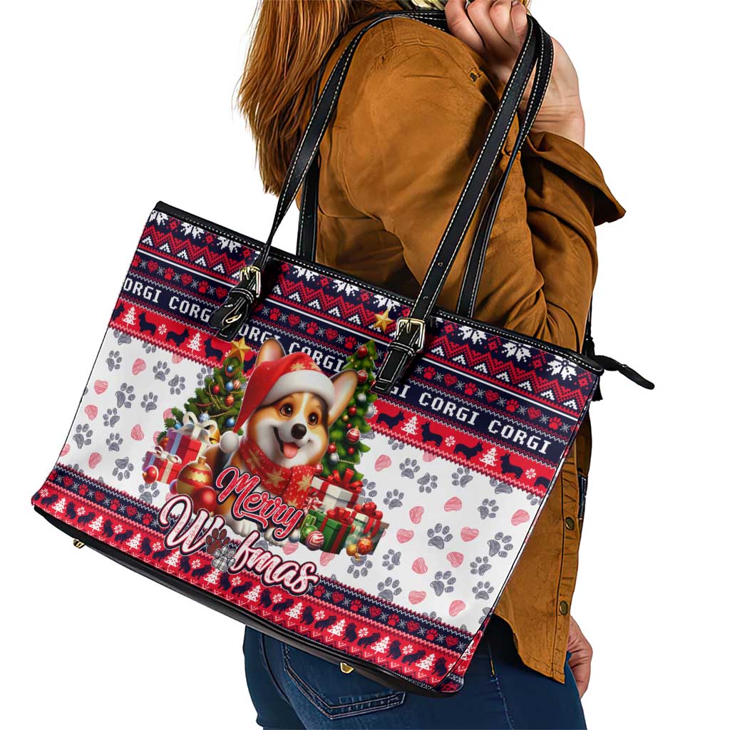 Corgi Merry Woofmas Leather Tote Bag Christmas Dog Art Style - Wonder Print Shop
