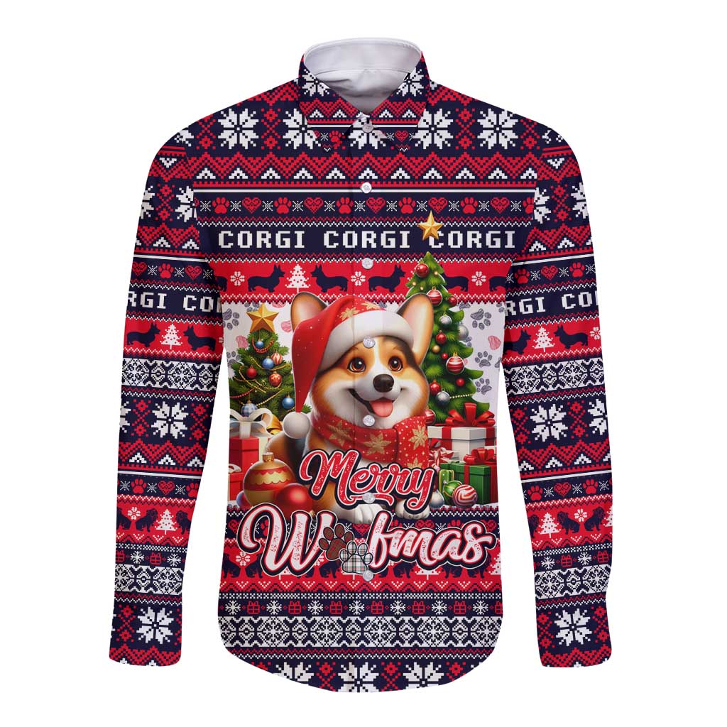 Corgi Merry Woofmas Long Sleeve Button Shirt Christmas Dog Art Style - Wonder Print Shop