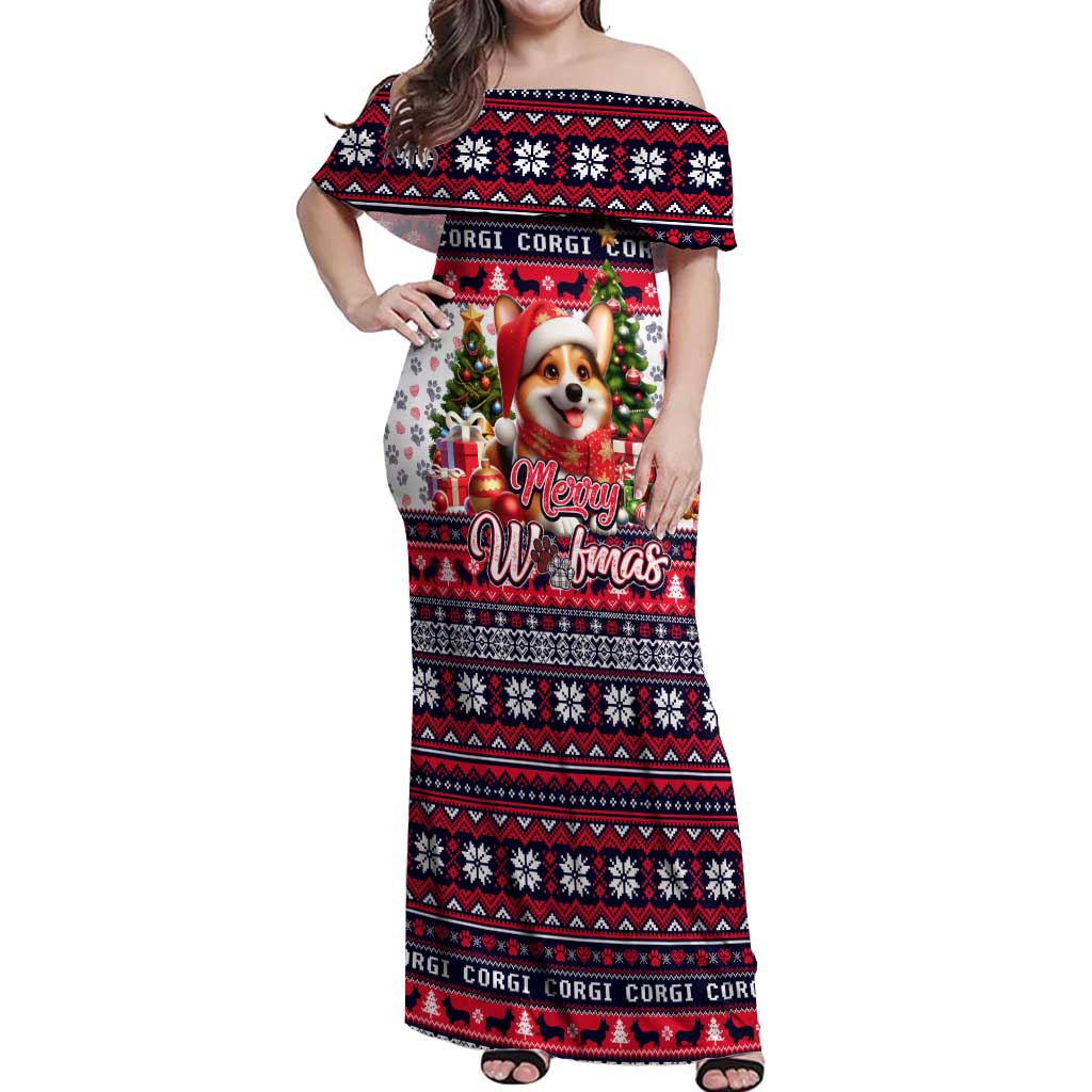 Corgi Merry Woofmas Off Shoulder Maxi Dress Christmas Dog Art Style - Wonder Print Shop