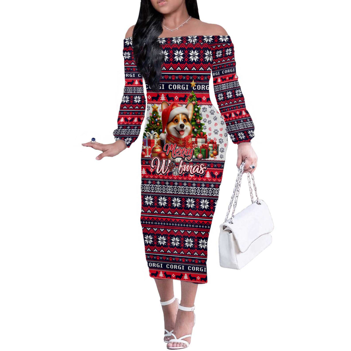 Corgi Merry Woofmas Off The Shoulder Long Sleeve Dress Christmas Dog Art Style - Wonder Print Shop