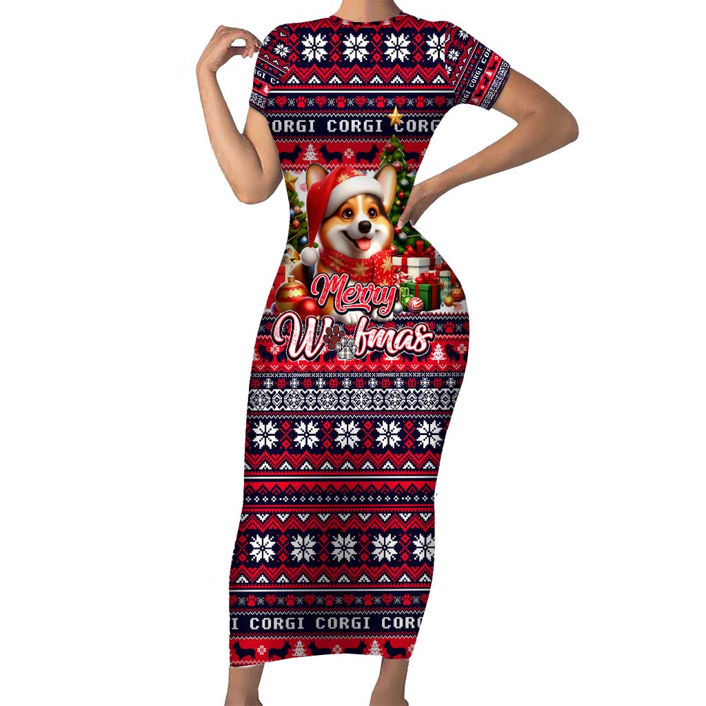 Corgi Merry Woofmas Short Sleeve Bodycon Dress Christmas Dog Art Style - Wonder Print Shop