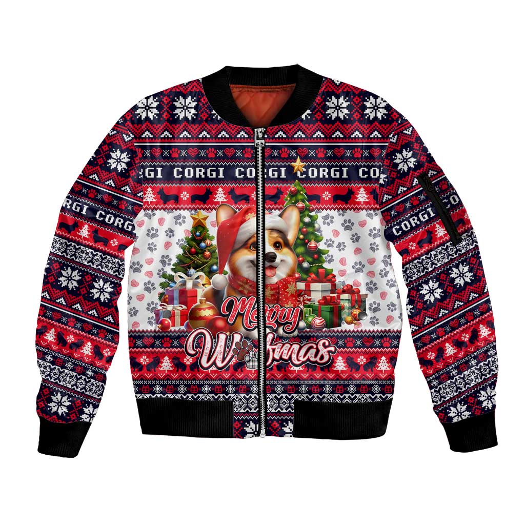 Corgi Merry Woofmas Sleeve Zip Bomber Jacket Christmas Dog Art Style - Wonder Print Shop