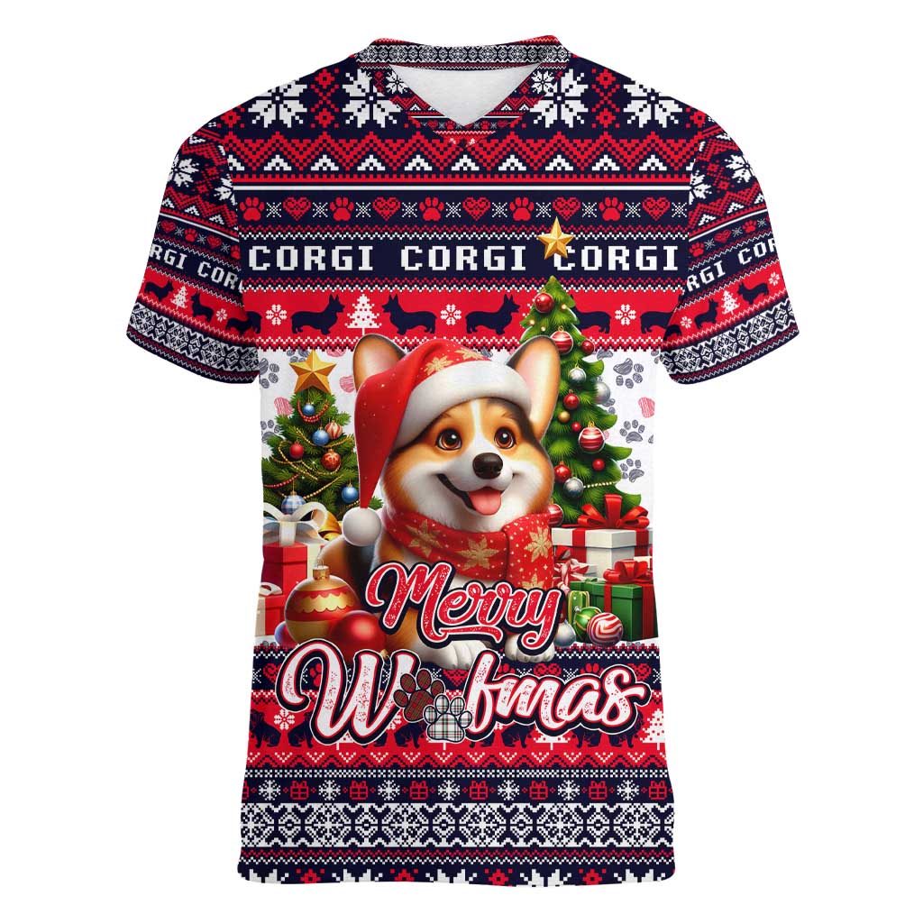 Corgi Merry Woofmas Women V-Neck T-Shirt Christmas Dog Art Style - Wonder Print Shop