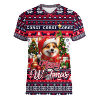 Corgi Merry Woofmas Women V-Neck T-Shirt Christmas Dog Art Style - Wonder Print Shop