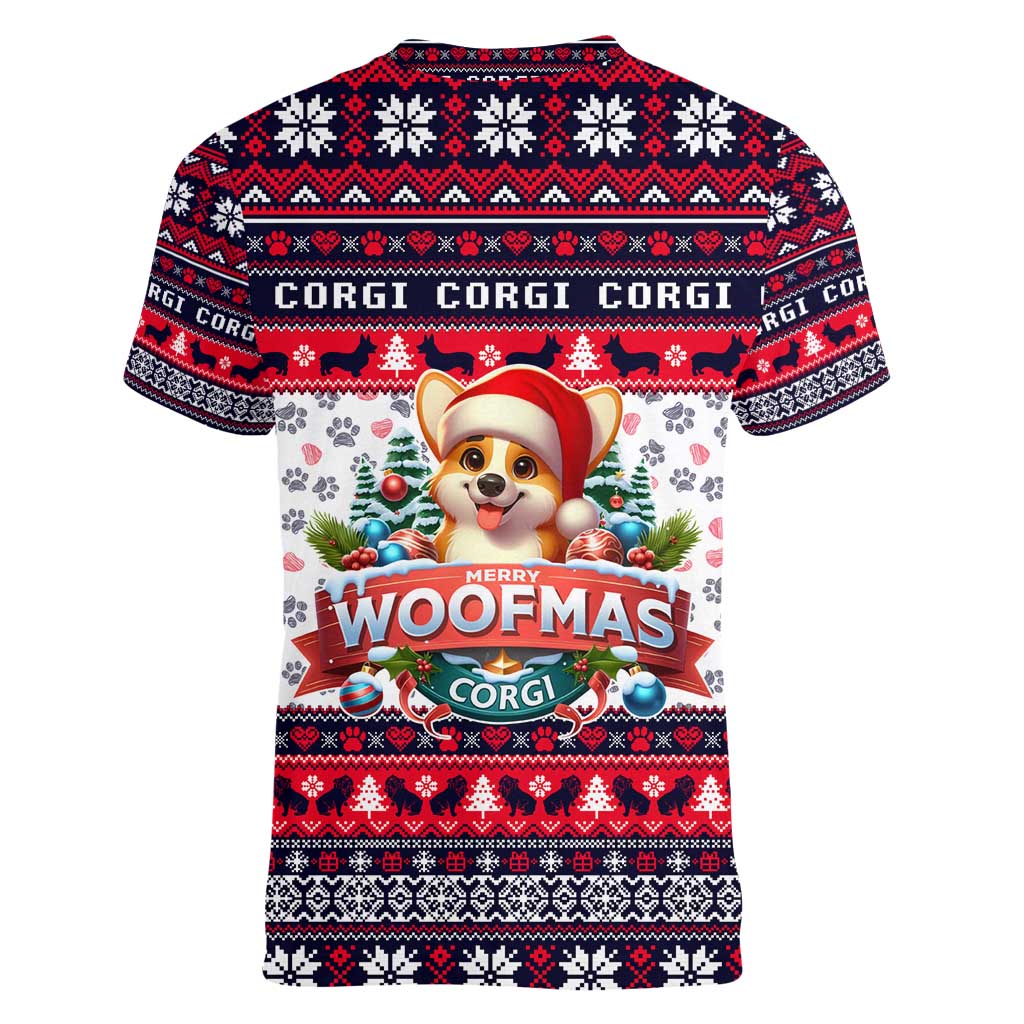 Corgi Merry Woofmas Women V-Neck T-Shirt Christmas Dog Art Style - Wonder Print Shop