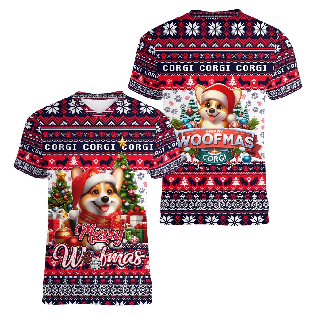 Corgi Merry Woofmas Women V-Neck T-Shirt Christmas Dog Art Style - Wonder Print Shop