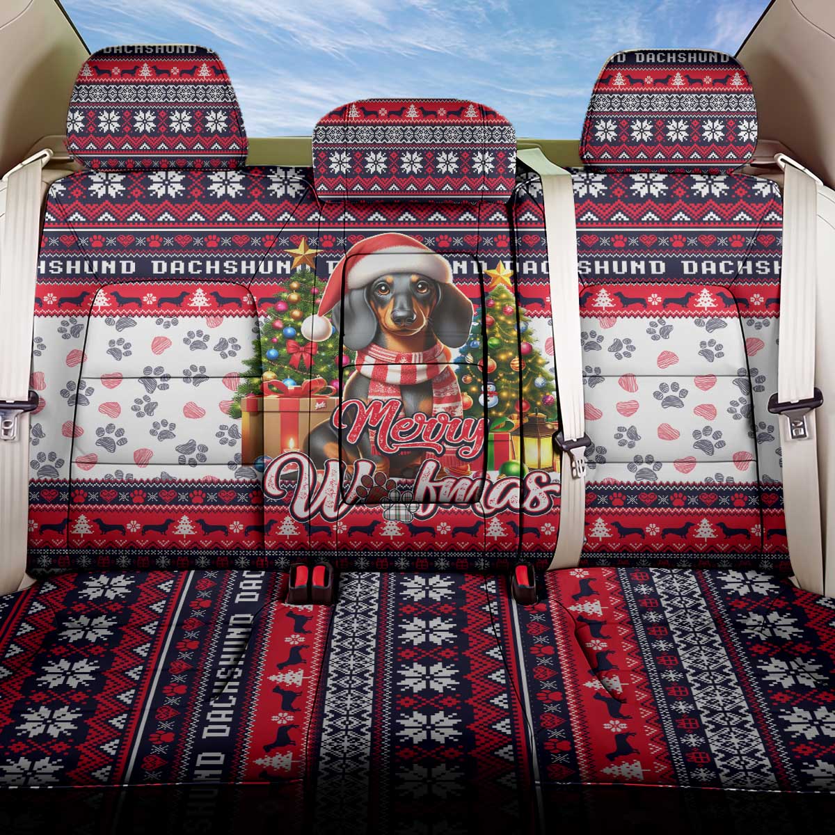 Dachshund Merry Woofmas Back Car Seat Cover Christmas Dog Art Style - Wonder Print Shop