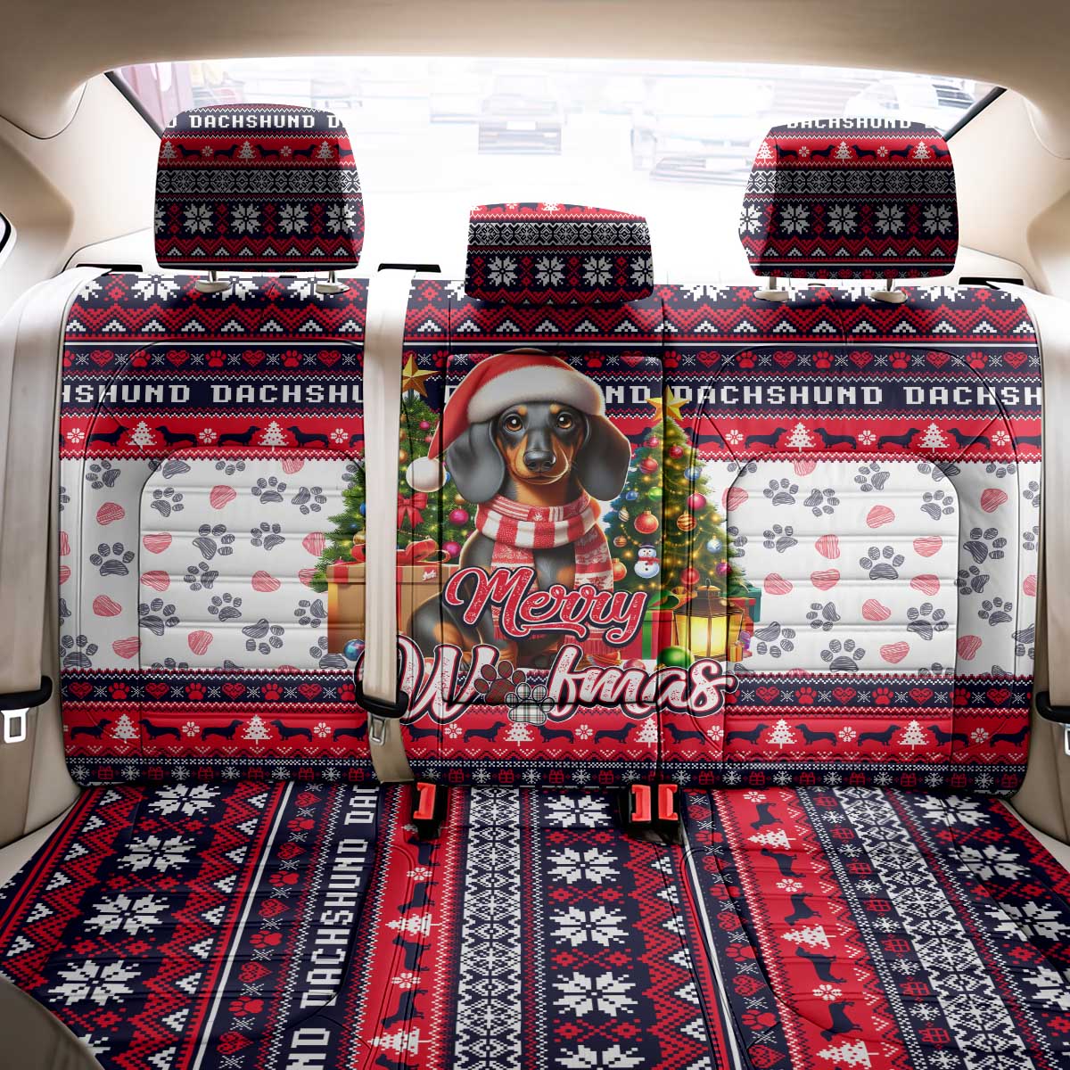 Dachshund Merry Woofmas Back Car Seat Cover Christmas Dog Art Style - Wonder Print Shop