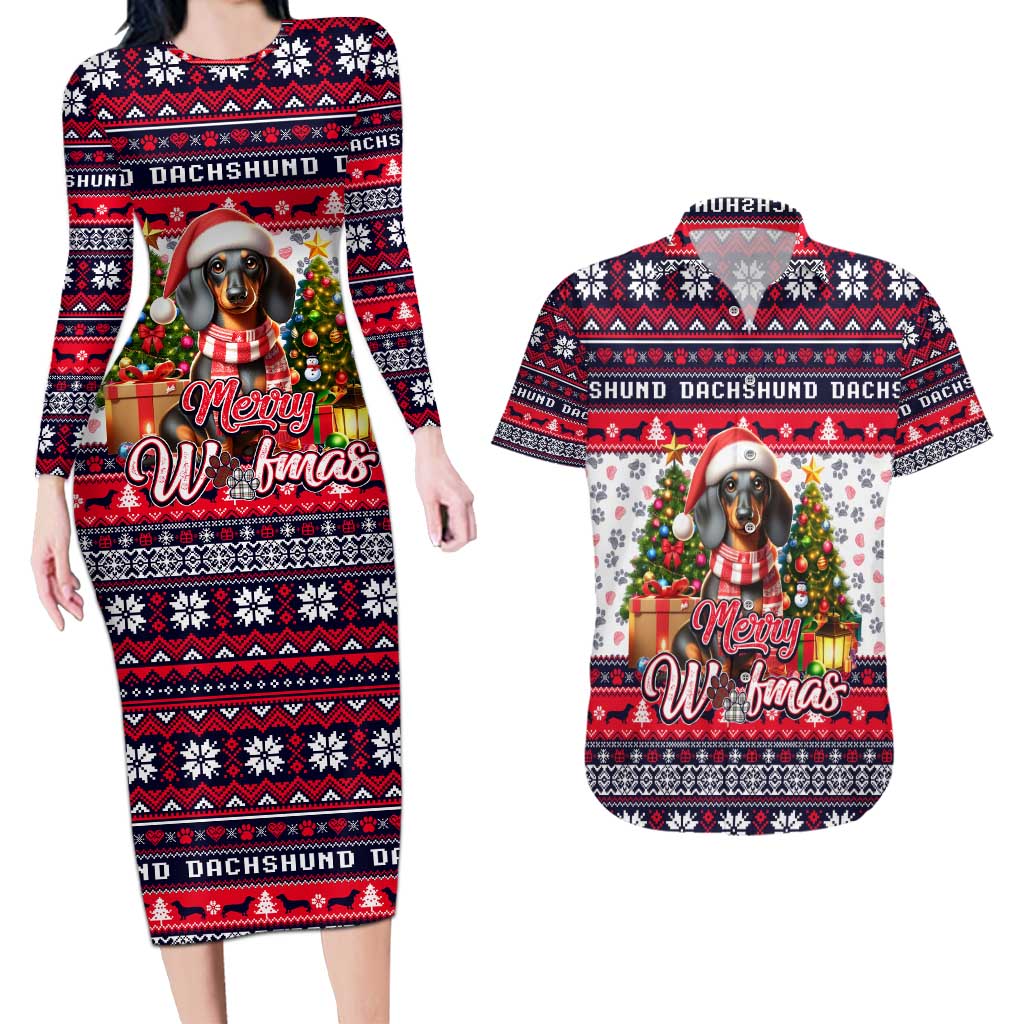 Dachshund Merry Woofmas Couples Matching Long Sleeve Bodycon Dress and Hawaiian Shirt Christmas Dog Art Style - Wonder Print Shop