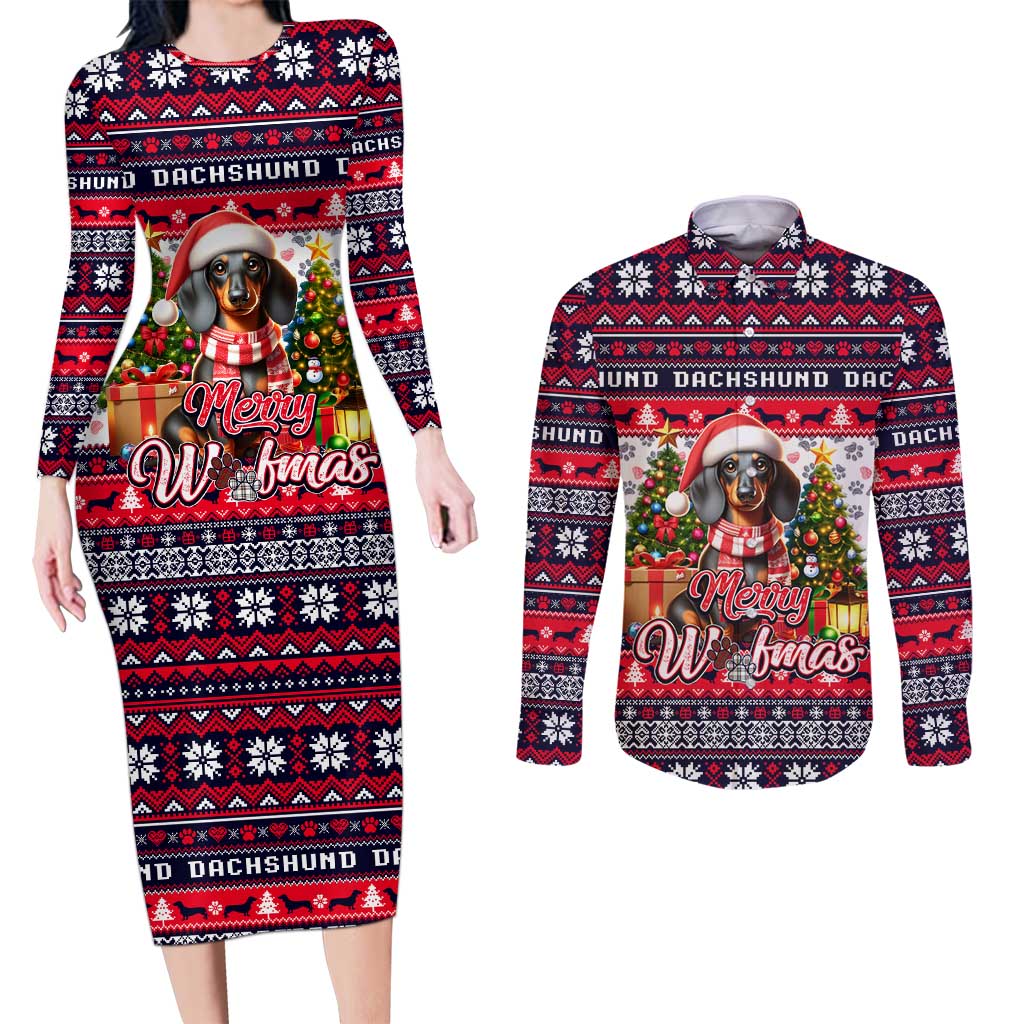 Dachshund Merry Woofmas Couples Matching Long Sleeve Bodycon Dress and Long Sleeve Button Shirt Christmas Dog Art Style - Wonder Print Shop