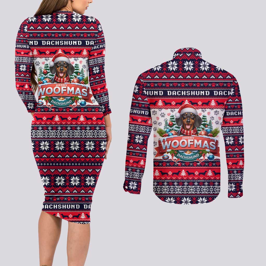 Dachshund Merry Woofmas Couples Matching Long Sleeve Bodycon Dress and Long Sleeve Button Shirt Christmas Dog Art Style - Wonder Print Shop