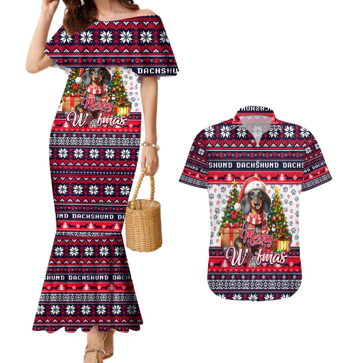 Dachshund Merry Woofmas Couples Matching Mermaid Dress and Hawaiian Shirt Christmas Dog Art Style - Wonder Print Shop
