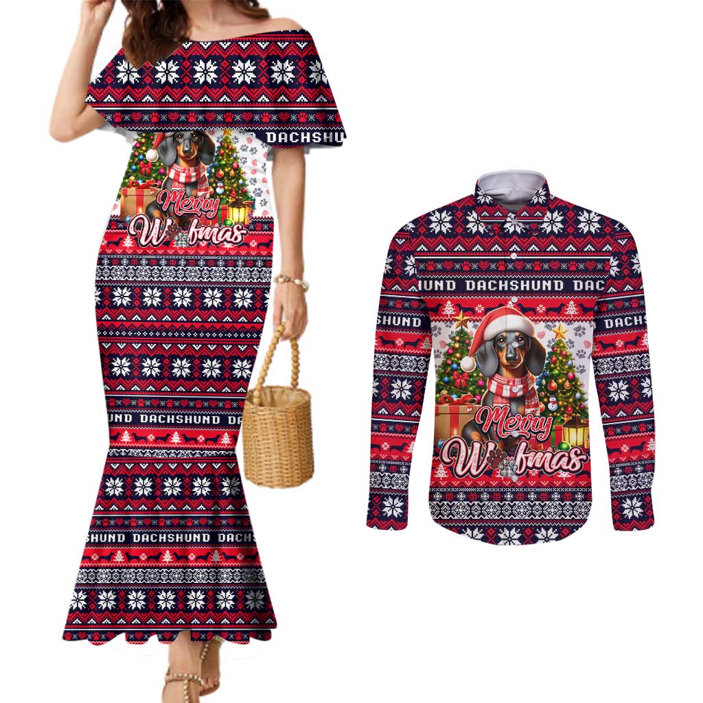 Dachshund Merry Woofmas Couples Matching Mermaid Dress and Long Sleeve Button Shirt Christmas Dog Art Style