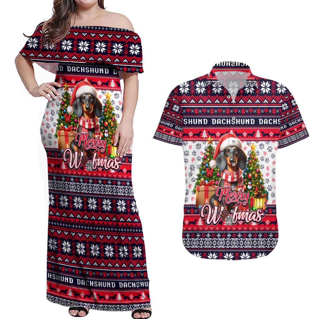 Dachshund Merry Woofmas Couples Matching Off Shoulder Maxi Dress and Hawaiian Shirt Christmas Dog Art Style - Wonder Print Shop