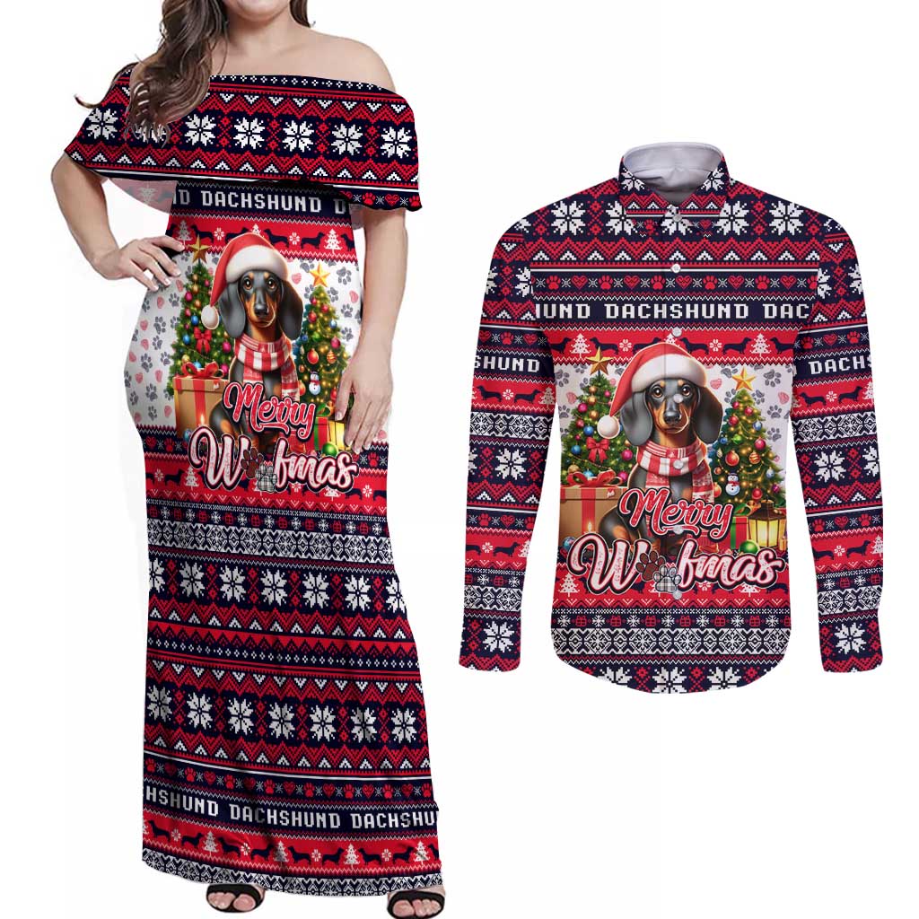 Dachshund Merry Woofmas Couples Matching Off Shoulder Maxi Dress and Long Sleeve Button Shirt Christmas Dog Art Style - Wonder Print Shop