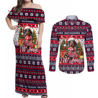 Dachshund Merry Woofmas Couples Matching Off Shoulder Maxi Dress and Long Sleeve Button Shirt Christmas Dog Art Style - Wonder Print Shop